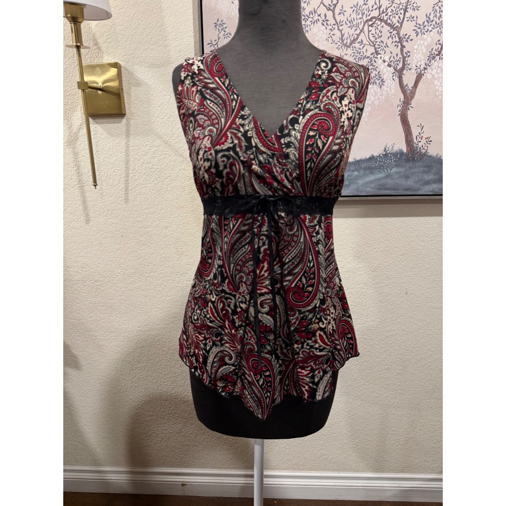 Agenda Womens Paisley Empire‎ Waist Sleeveless V-Neck Top Red Black Lace Trim